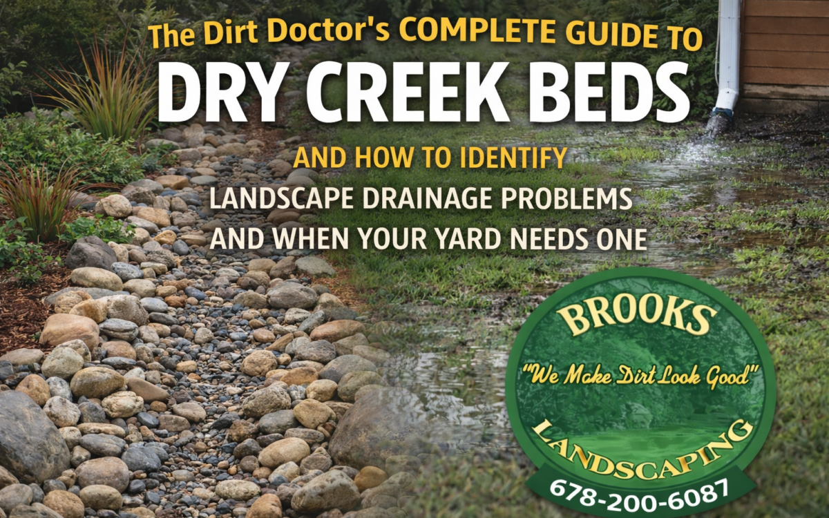 Dry creek bed drainage solution installed by Brooks Landscaping in Paulding County, Georgia to control water runoff and identify landscape drainage problems.