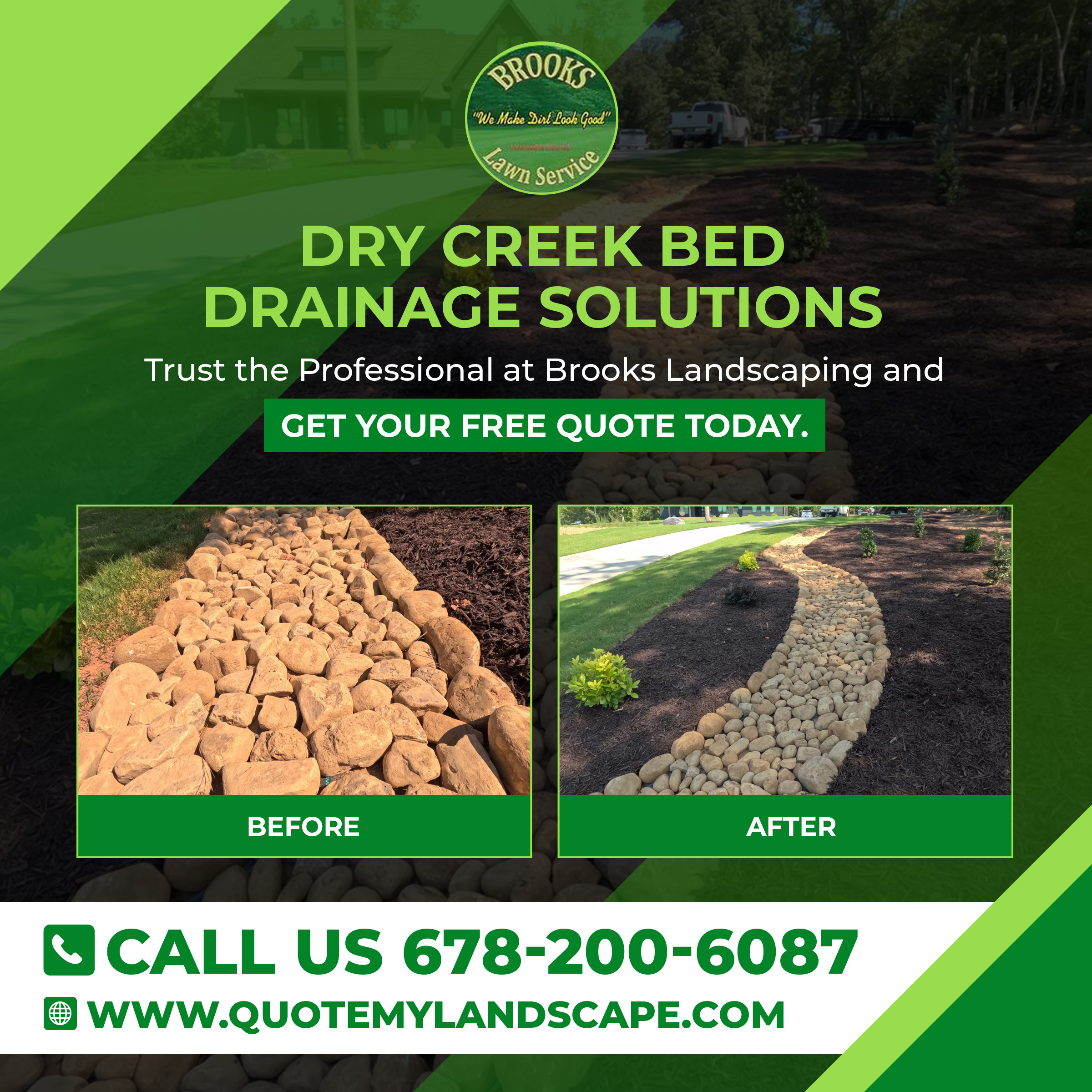 Brooks Landscaping Dallas GA, dry creek bed installation Dallas Georgia, yard drainage Dallas GA, The Dirt Doctor Brooks Landscaping, landscape drainage Dallas Georgia, standing water solutions Dallas GA, erosion control Dallas Georgia, river rock creek bed Georgia, soggy yard repair Brooks Landscaping, drainage contractor Dallas GA, Georgia landscape drainage expert, landscape grading Dallas GA
