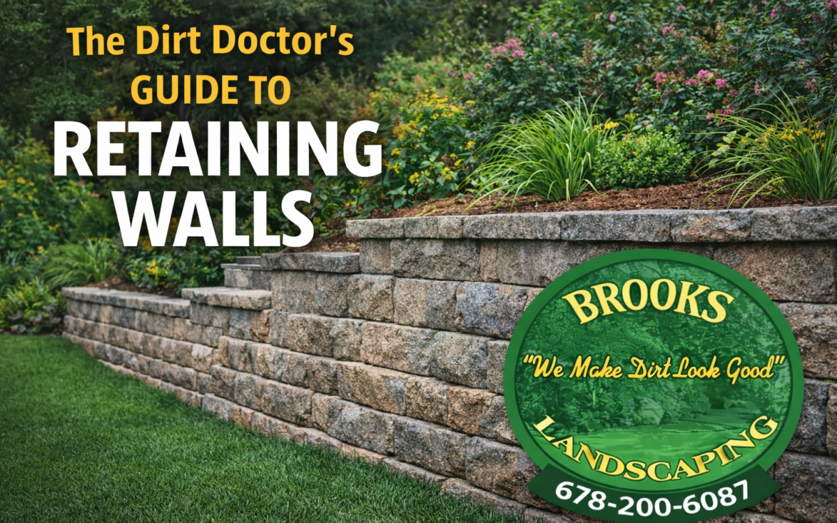 Retaining wall installation Georgia, erosion control retaining wall, yard slope repair, Brooks Landscaping retaining walls, The Dirt Doctor, landscape wall contractor Dallas GA, prevent yard erosion, Georgia retaining wall builder, winter retaining wall quote, backyard terracing, drainage retaining wall solutions, structural yard support Georgia