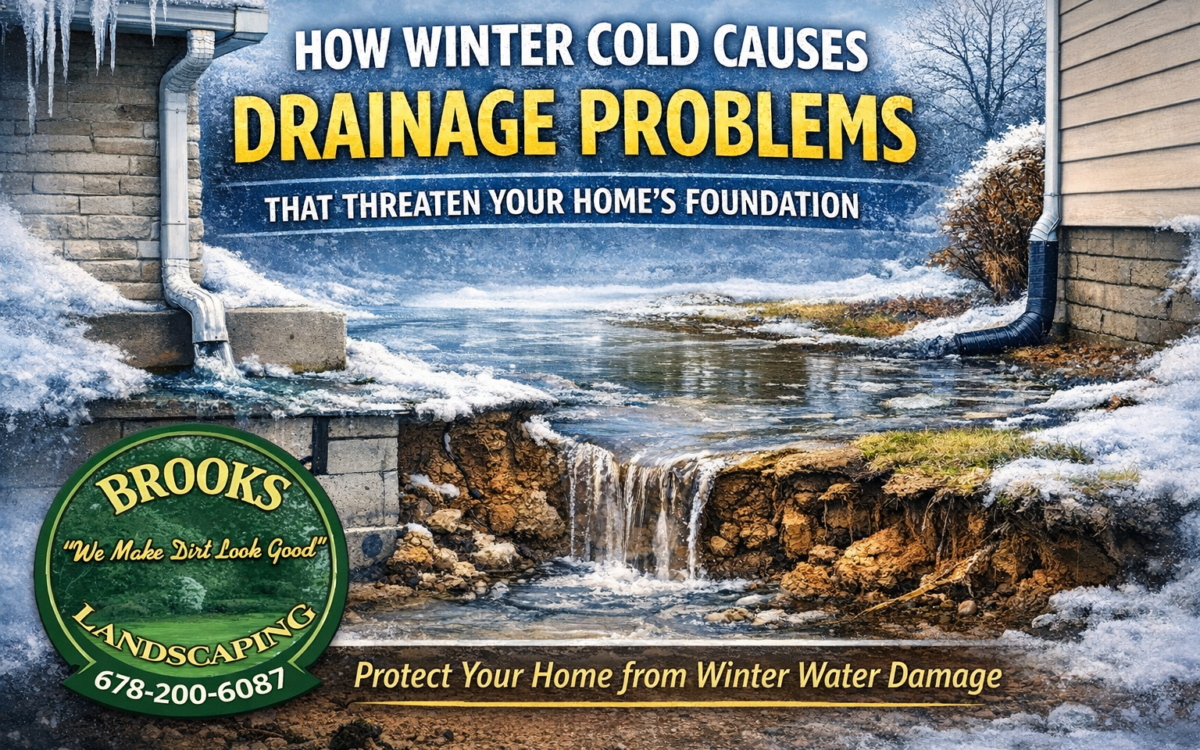 Winter cold can cause landscape drainage problems that threaten your home’s foundation. Learn how Brooks Landscaping protects homeowners with proven drainage solutions.