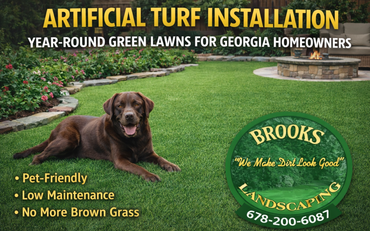 Brooks Landscaping provides professional artificial turf installation in Paulding County and Dallas, GA for homeowners and pet owners seeking a low-maintenance lawn solution.