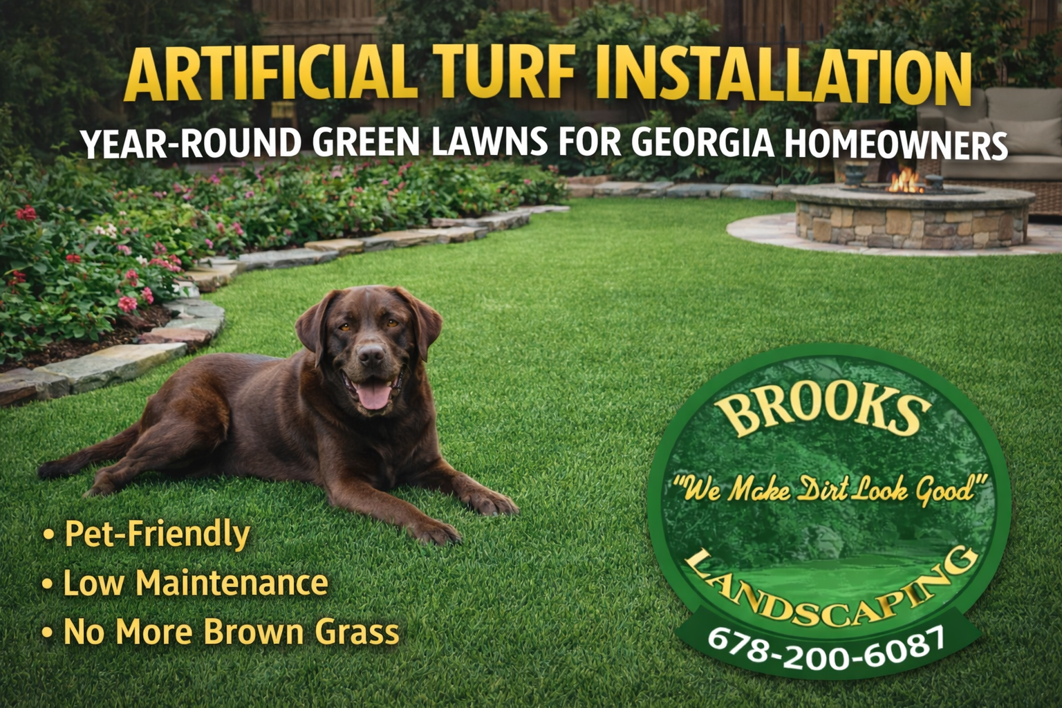 Brooks Landscaping provides professional artificial turf installation in Paulding County and Dallas, GA for homeowners and pet owners seeking a low-maintenance lawn solution.