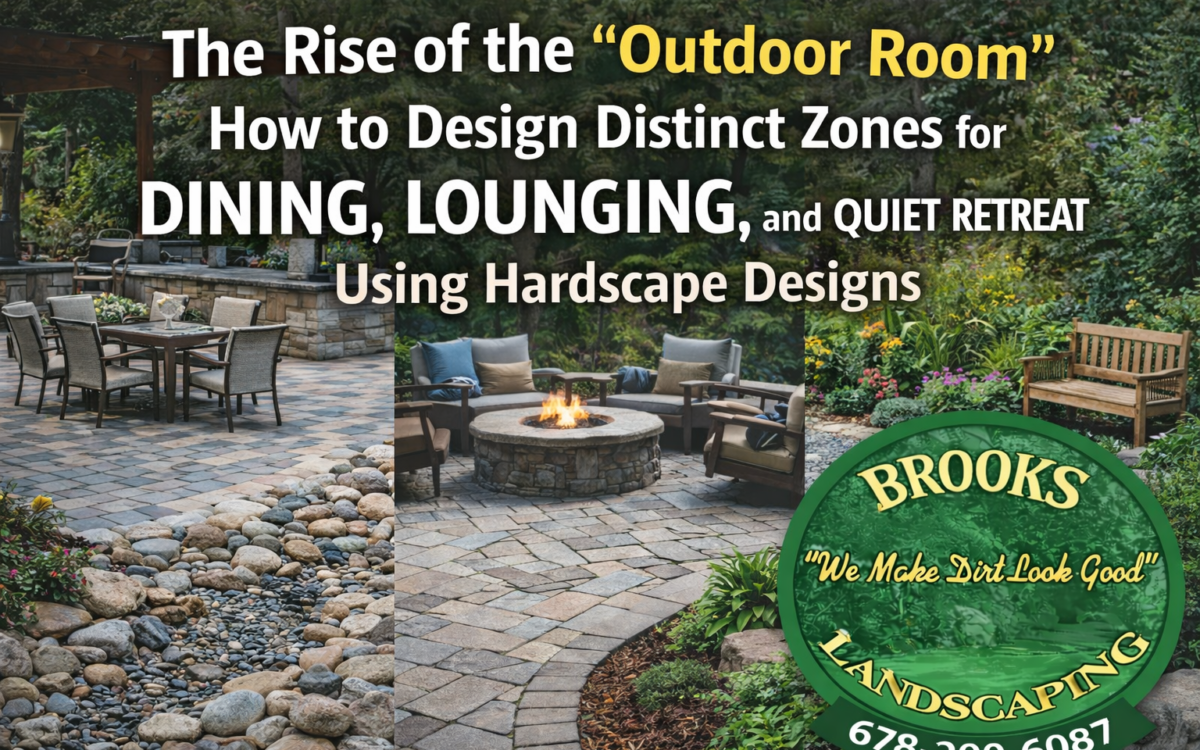 Serving Paulding County and Dallas, GA, Brooks Landscaping designs structured outdoor living spaces using hardscape layouts that define dining, lounging, and private retreat zones for modern backyards.
