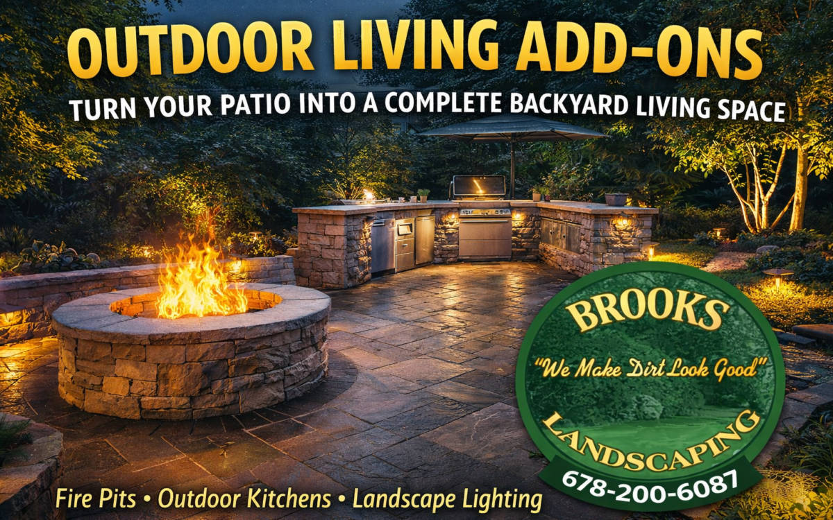 Explore outdoor living add-ons like fire pits, lighting, and outdoor kitchens. Brooks Landscaping helps homeowners turn patios into complete outdoor spaces.