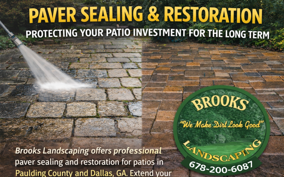 Brooks Landscaping provides professional paver sealing and restoration services for homeowners in Paulding County and Dallas, GA. Our process helps protect your patio investment by restoring appearance, preventing weed growth, and extending the life of your outdoor living space.