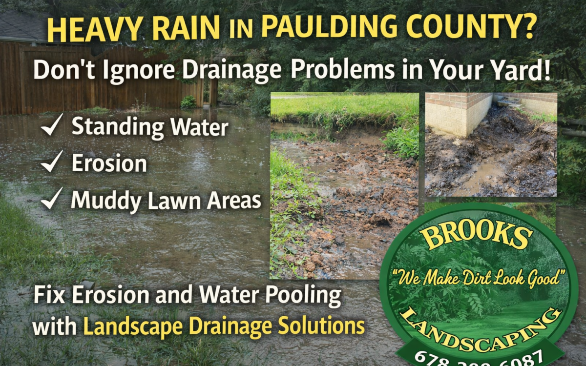Standing water and erosion in backyard after rain showing landscape drainage problem solved by Brooks Landscaping in Paulding County Georgia.