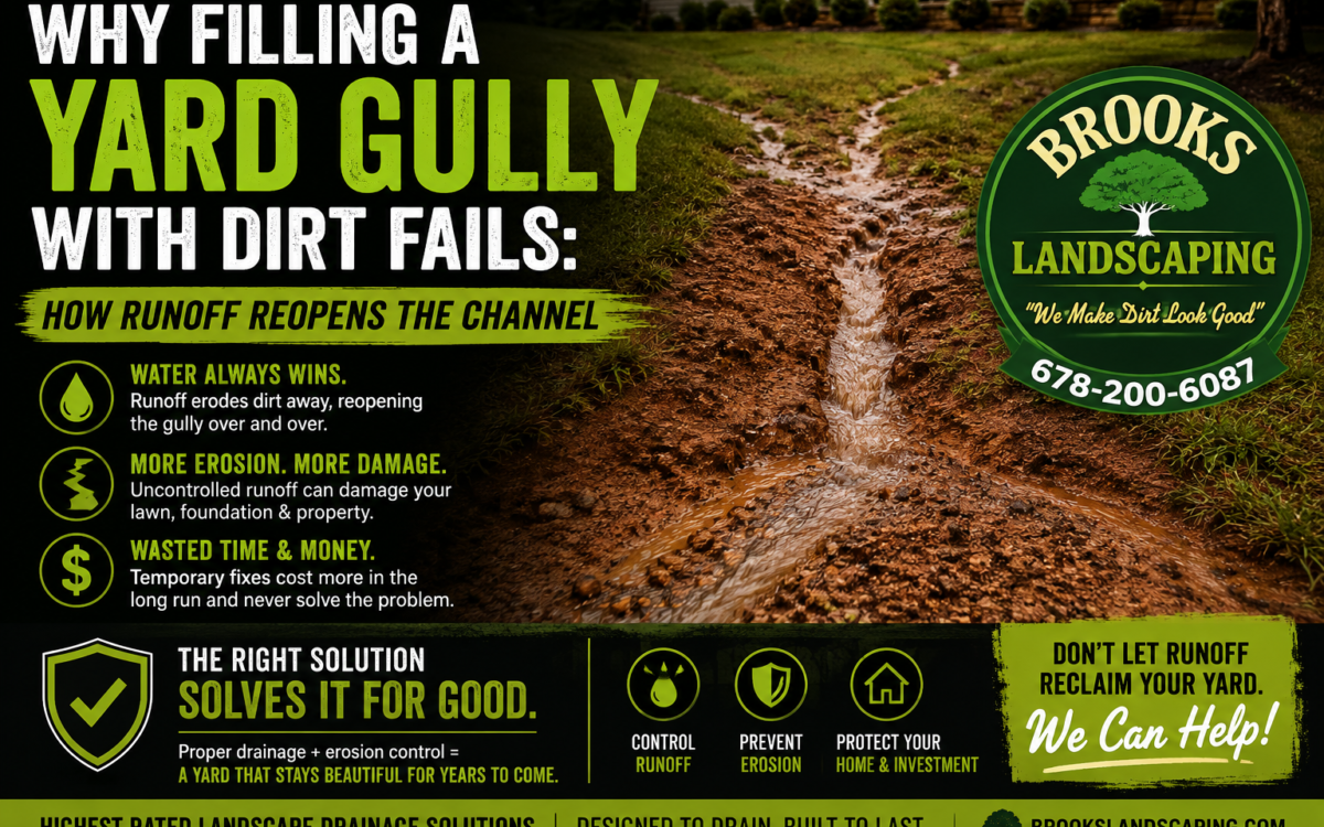Filling a washout with dirt may hide it until the next storm. Learn why gullies reopen and what a lasting Georgia drainage repair must control from source to outlet.