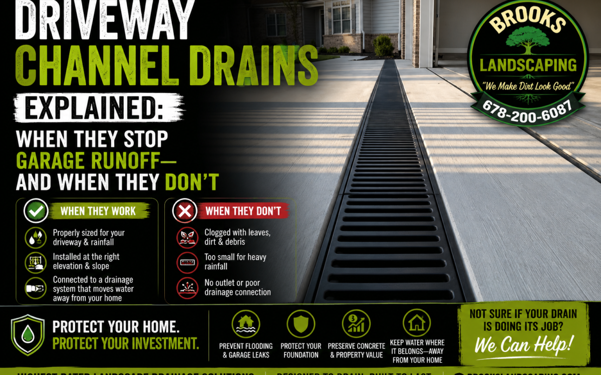 Learn when a driveway channel drain can stop runoff before it reaches your garage—and when grading or a different drainage solution is needed instead. by Brooks Landscaping