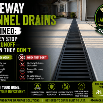 Learn when a driveway channel drain can stop runoff before it reaches your garage—and when grading or a different drainage solution is needed instead. by Brooks Landscaping Learn when a driveway channel drain can stop runoff before it reaches your garage—and when grading or a different drainage solution is needed instead. by Brooks Landscaping