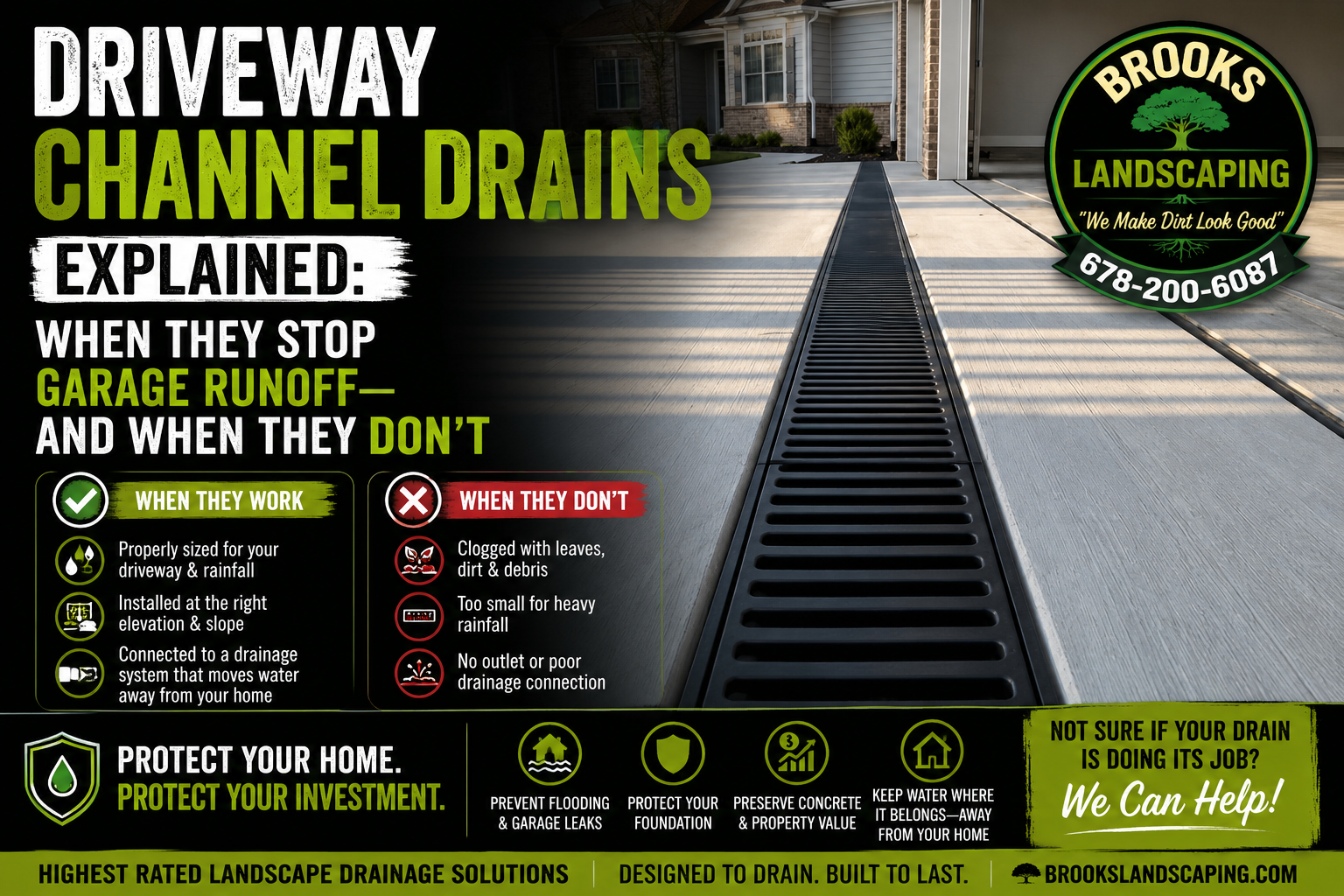 Learn when a driveway channel drain can stop runoff before it reaches your garage—and when grading or a different drainage solution is needed instead. by Brooks Landscaping