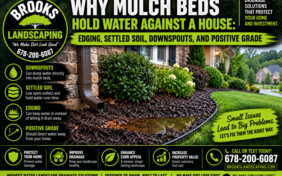 A landscape bed can look professionally finished while quietly trapping roof and yard runoff beside the house. Learn how I diagnose the grade, edging, soil, downspouts, and outlet before recommending a drainage correction. Primary keyword: mulch bed holding water against house Secondary keywords: water pooling in landscape bed, foundation perimeter drainage, negative grade around house, downspout drainage Georgia, mulch bed edging drainage, standing water by foundation, positive yard grading, Georgia clay drainage