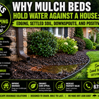 Water pooling in a mulch bed beside your Georgia home? Learn how edging, settled soil, downspouts, and negative grade trap runoff—and how to correct it. A landscape bed can look professionally finished while quietly trapping roof and yard runoff beside the house. Learn how I diagnose the grade, edging, soil, downspouts, and outlet before recommending a drainage correction. Primary keyword: mulch bed holding water against house Secondary keywords: water pooling in landscape bed, foundation perimeter drainage, negative grade around house, downspout drainage Georgia, mulch bed edging drainage, standing water by foundation, positive yard grading, Georgia clay drainage